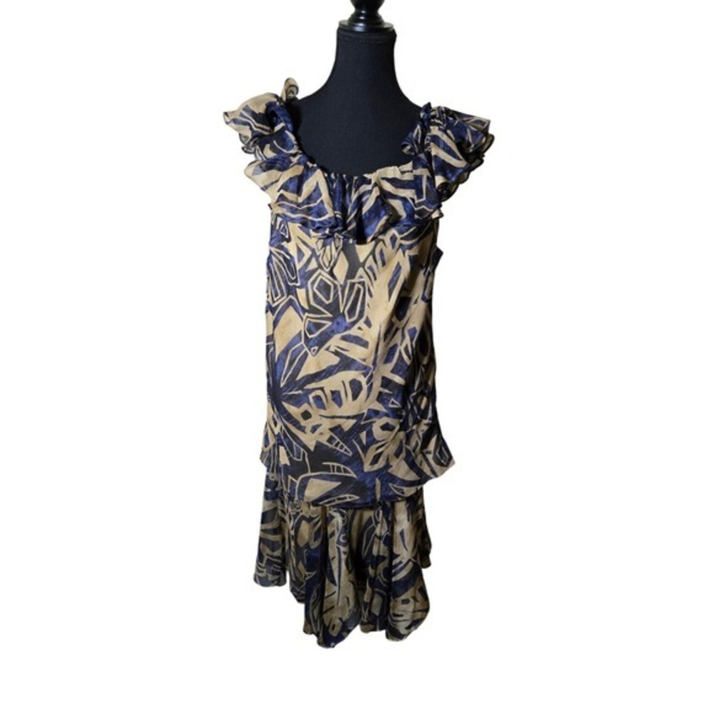 Ralph Lauren Abstract Print 2 Piece Set Women's Blue Tan Excellent Ruffle Top
